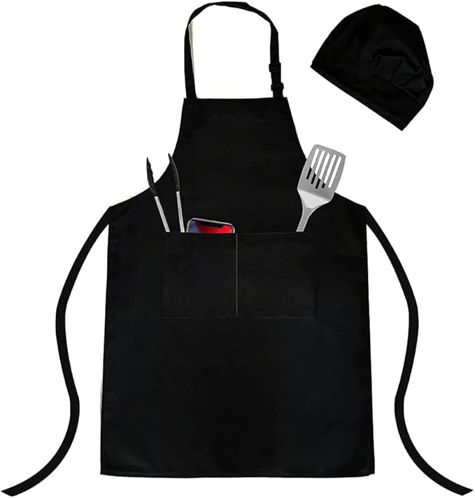 可调节围兜,防水耐油污黑色厨师烹饪厨房围裙和厨师帽成人可调节厨房